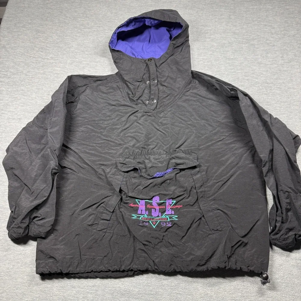 A.S.E. Anorak Men XL Black Purple Vintage 1992 Worldwide Graphic Hooded Windbrea